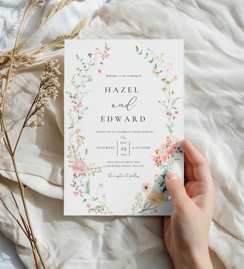 May include: A wedding invitation with a floral wreath border. The invitation is for Hazel and Edward's wedding on Saturday, May 25th, 2025 at 10 o'clock. The invitation includes the text "Welcome to the wedding of Hazel and Edward. Invite you to celebrate their wedding. Saturday, May 25, 2025, 10 o'clock. Villa Really Great Site, Anywhere Street, Any City. Reception to follow."