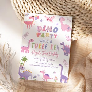 dino birthday, pink dino invite, trex party girl, dino editable, dino template, girl dino card, stomp roar dino, dinosaur invite, pastel trex, cute dino card, girl trex party, dinosaur girl, three rex invite