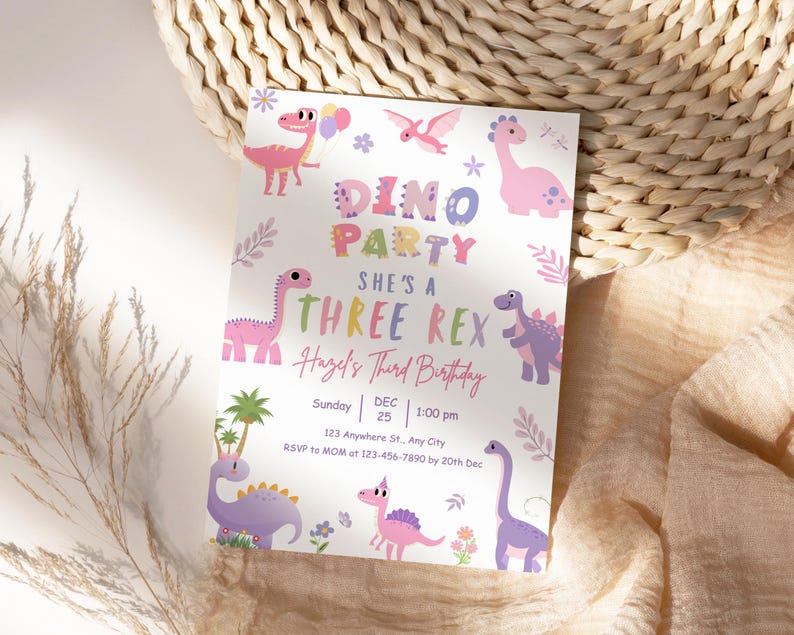dino birthday, pink dino invite, trex party girl, dino editable, dino template, girl dino card, stomp roar dino, dinosaur invite, pastel trex, cute dino card, girl trex party, dinosaur girl, three rex invite
