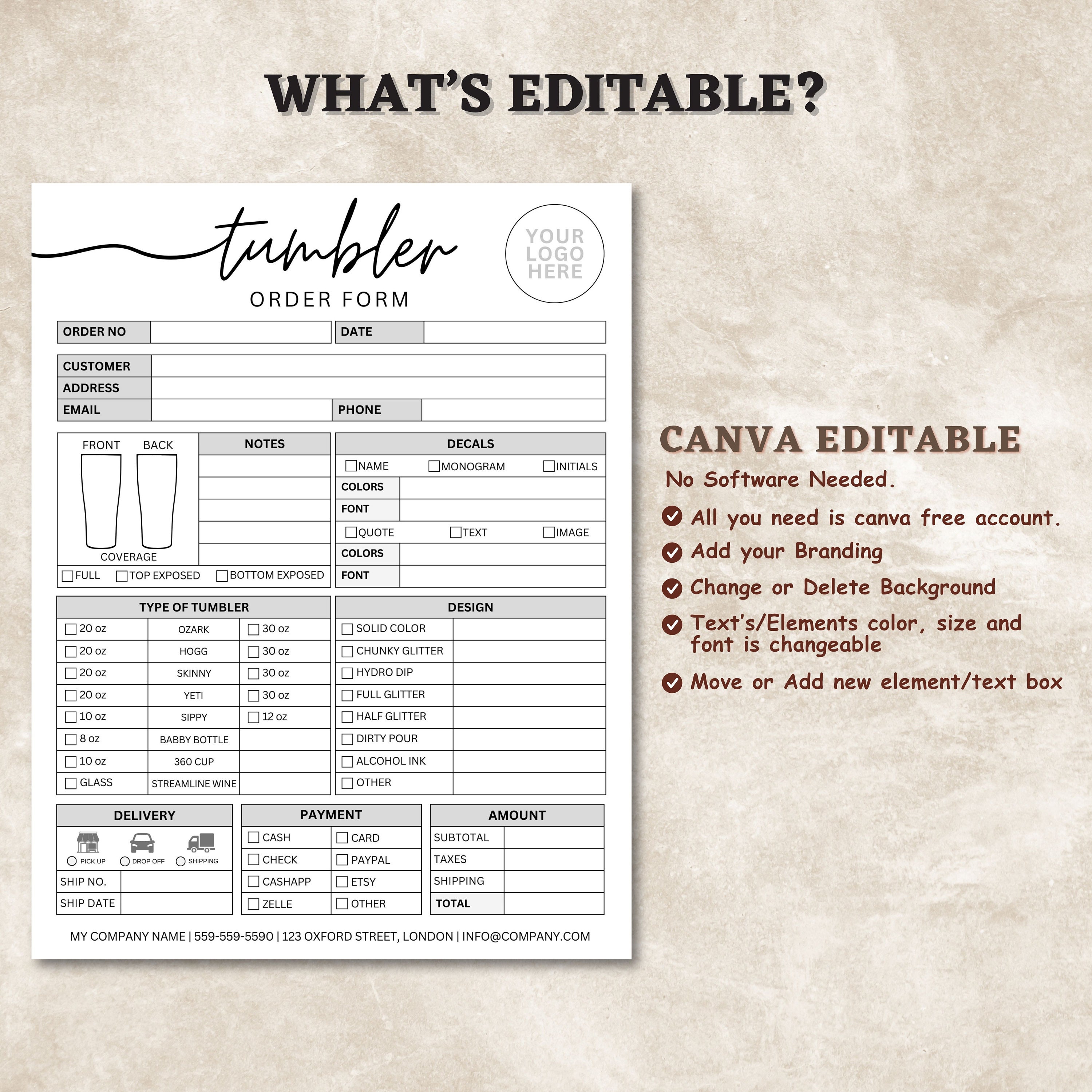 Invoice Template Editable, Small Business Custom Order Form Printable ...
