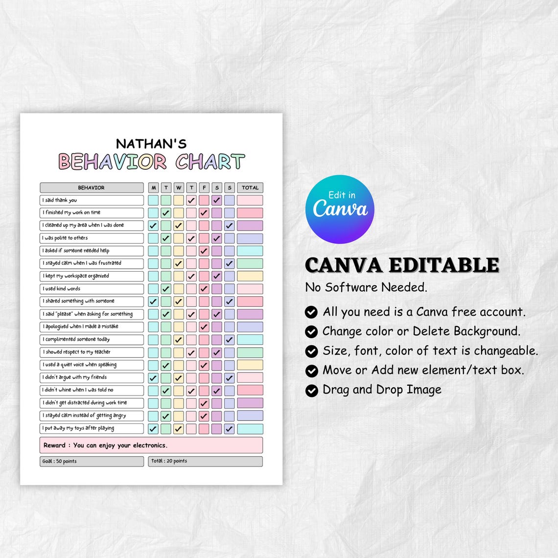 Printable Behavior Reward Chart for Kids | Editable Digital PDF for ...