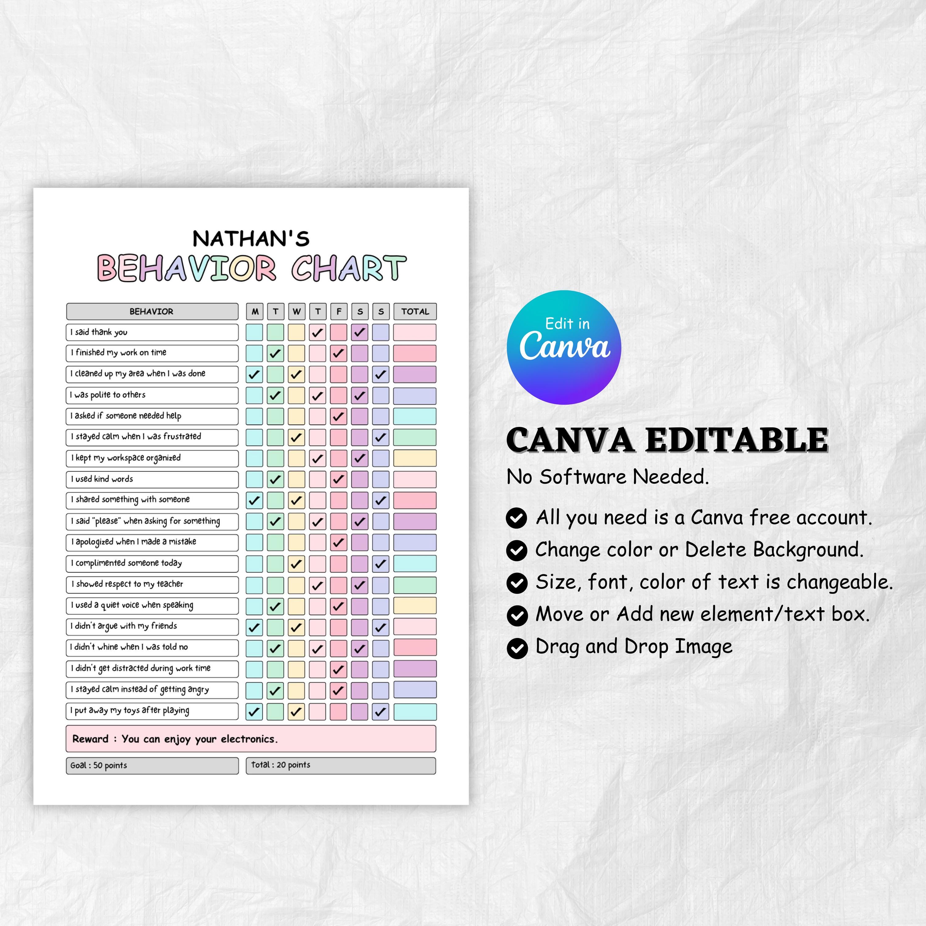 Printable Behavior Reward Chart for Kids | Editable PDF (a4/letter) - Etsy