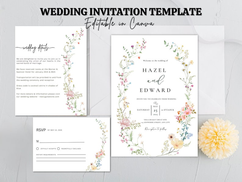 May include: A wedding invitation template with a floral design. The invitation features the names "Hazel and Edward" and the date "May 25th". The template is editable in Canva.
