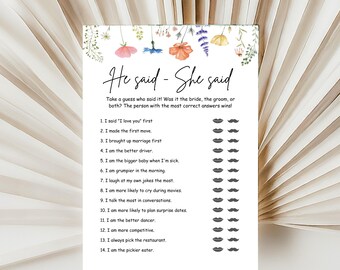he said she said,bridal shower game,wildflower game,floral bridal game,guess who said,bride or groom,flower shower game,wedding shower game