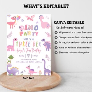 dino birthday, pink dino invite, trex party girl, dino editable, dino template, girl dino card, stomp roar dino, dinosaur invite, pastel trex, cute dino card, girl trex party, dinosaur girl, three rex invite