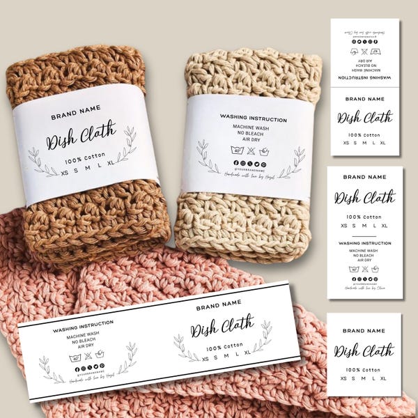 Editable Dishcloth Label Template | DIY Washcloth Hang Tag & Fold Over Wrap Label | Handmade Packaging | Printable Canva PDF