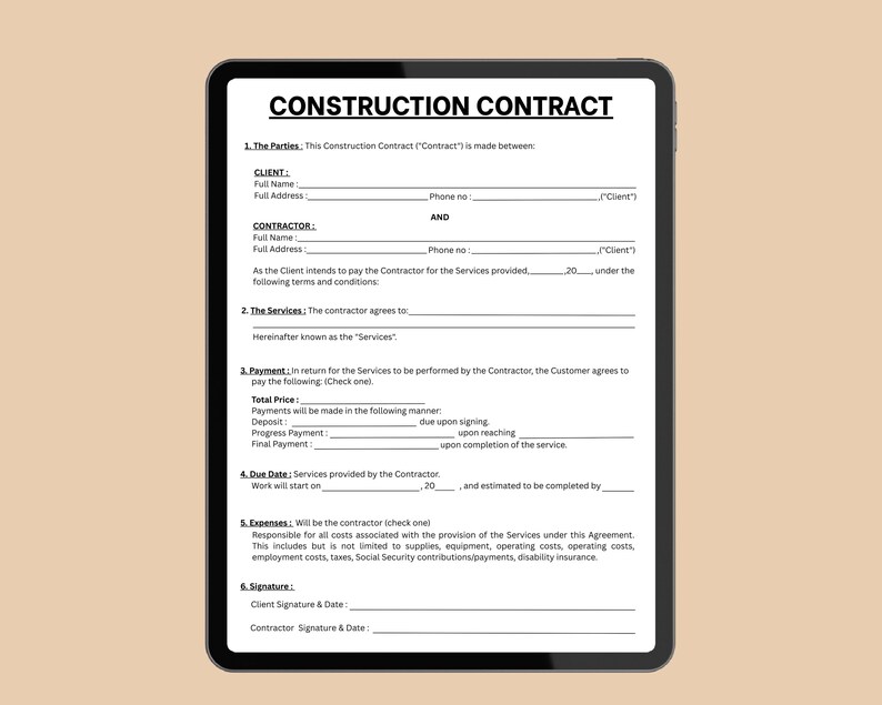Editable Construction Contract Template | Single Page Agreement Form ...
