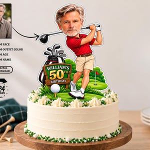 May include: A custom cake topper featuring a cartoon golfer with a realistic face, wearing a red shirt and beige shorts, swinging a golf club. A wooden sign reads "William's 50th Birthday" next to a golf bag and ball on a green grass base.