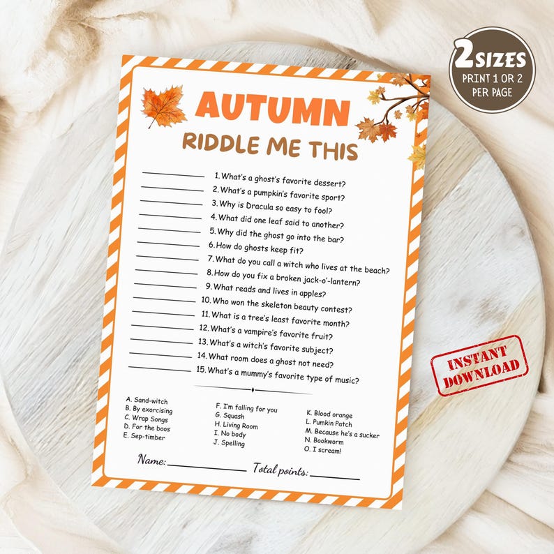 Fall Autumn Riddles Trivia | Printable Party Game | Friendsgiving ...