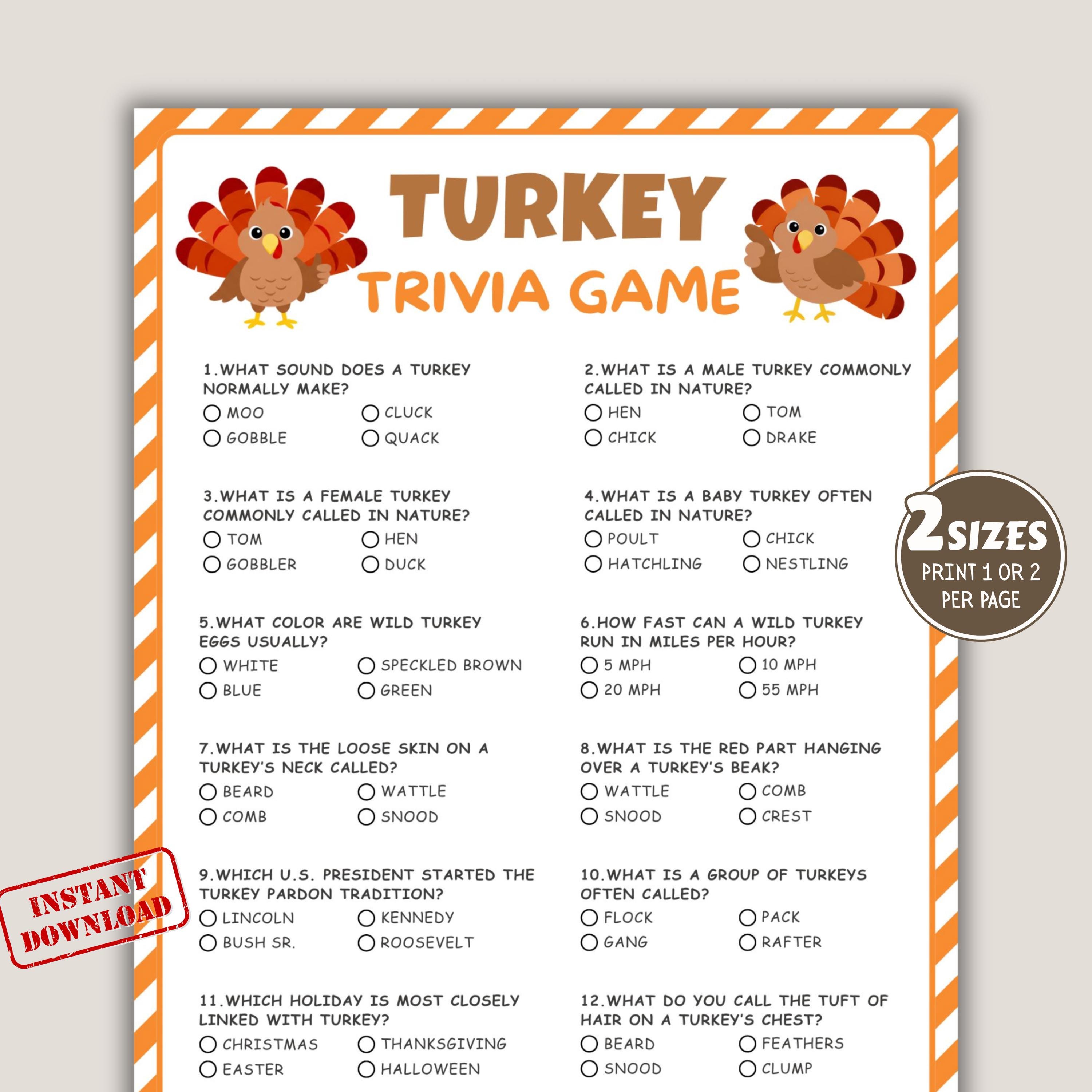 Thanksgiving Turkey Trivia Game, Printable Fall Party Game for Kids and ...