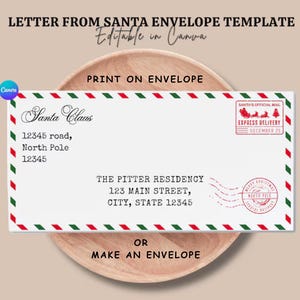 Plantilla de sobre editable para carta de Papá Noel / Sobre imprimible para correo del Polo Norte / Sobre plegable personalizado de Papá Noel (descarga instantánea)