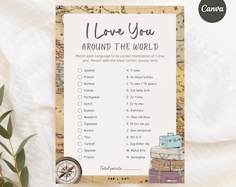 Editable I Love You Around the World Bridal Shower Game | Travel Wedding Shower Activity | Vintage Map & Suitcases |Printable Canva Template