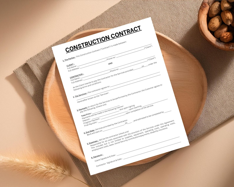Editable Construction Contract Template | Single Page Agreement Form ...