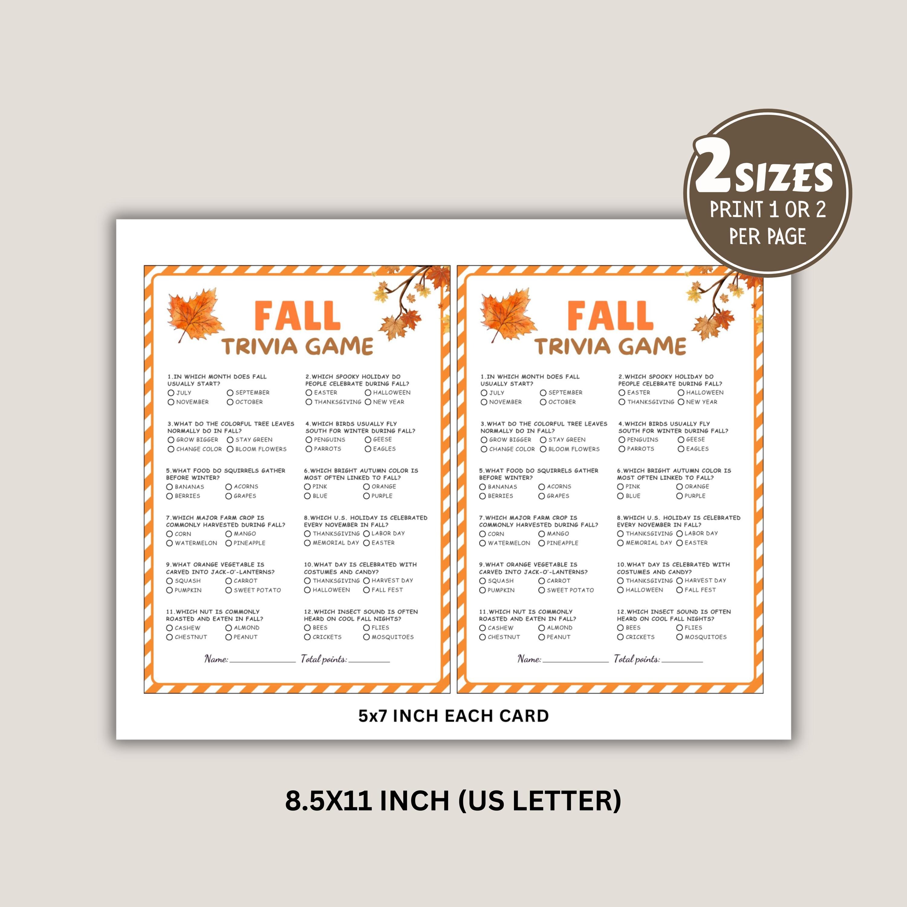Fall Trivia Game | Printable Autumn Quiz | Thanksgiving Family Activity ...