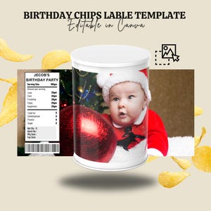 Paquete de plantillas para latas de papas fritas: etiquetas editables para latas de papas fritas, plantilla para apilar bocadillos, diseño de obsequios para fiestas de Canva