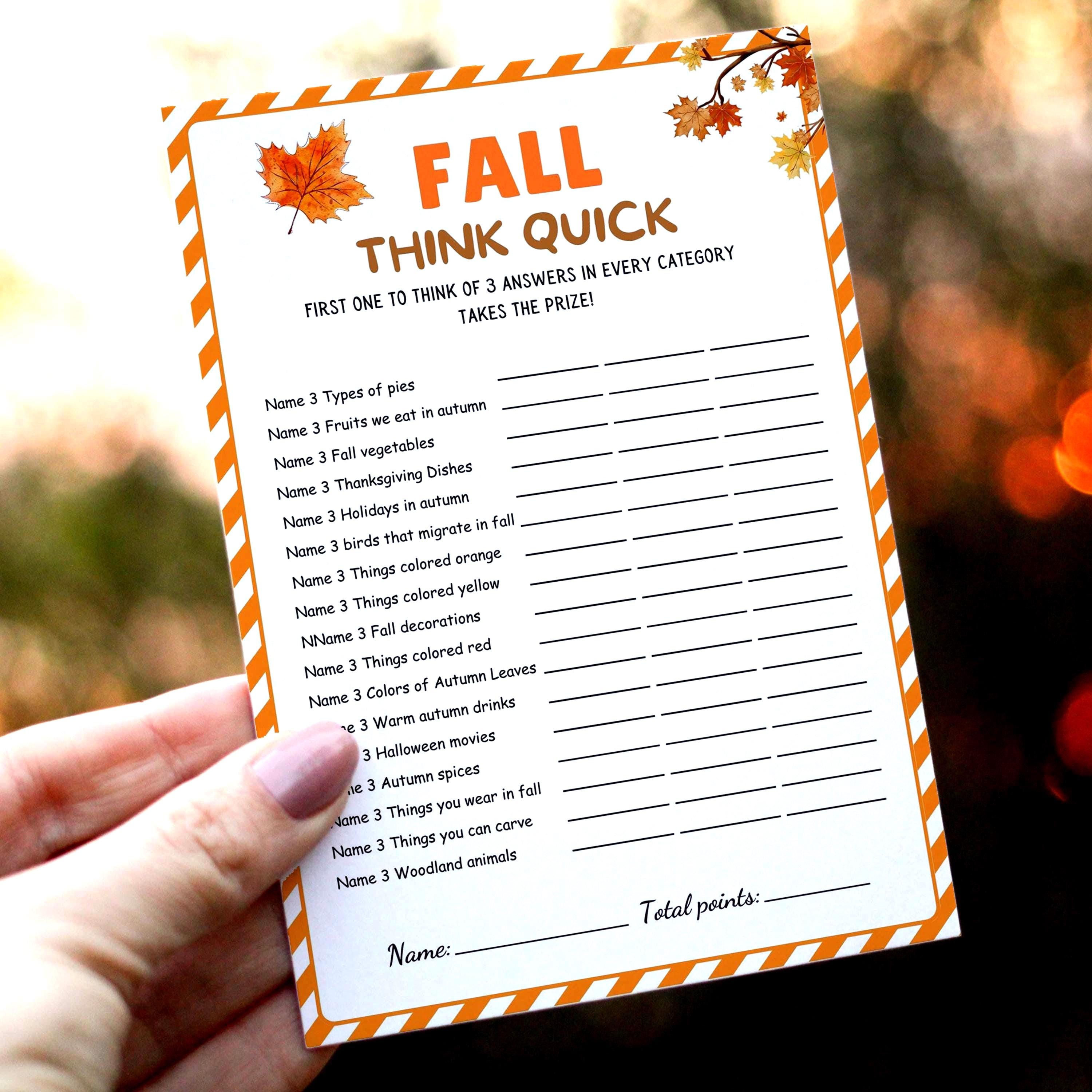 Fall Think Fast Game | Printable Fall Trivia | Autumn Party Game ...