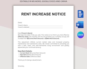 Editable Rent Increase Notice Template – Printable Rent Increase Letter & Form – Word Document for Landlords –Instant Download Tenant Notice