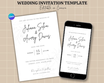 Modern Minimalist Wedding Invitation Template | Black and White Canva Design | Printable and Digital Evite