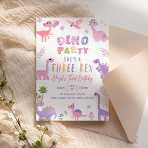 dino birthday, pink dino invite, trex party girl, dino editable, dino template, girl dino card, stomp roar dino, dinosaur invite, pastel trex, cute dino card, girl trex party, dinosaur girl, three rex invite