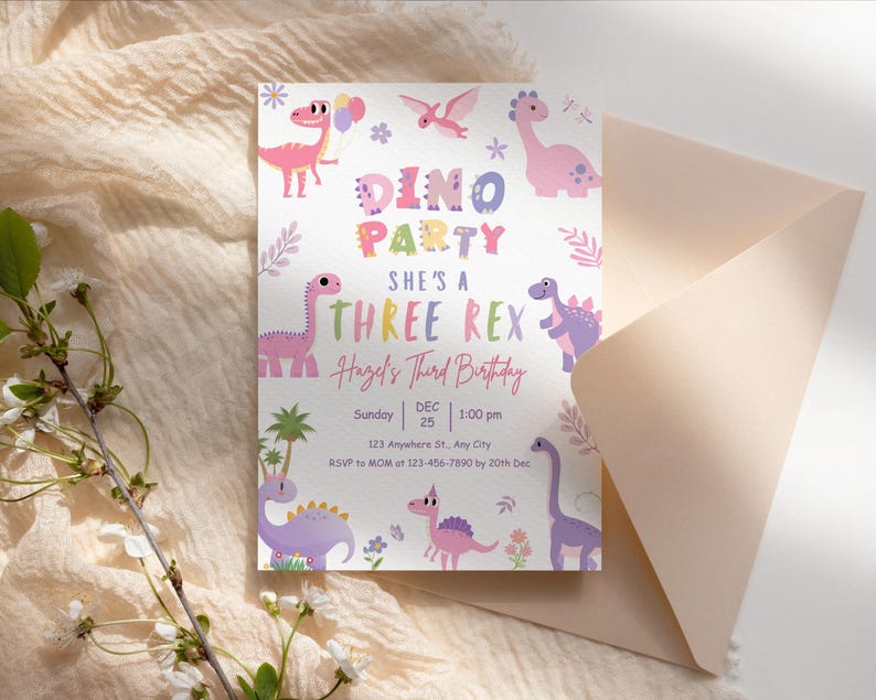 dino birthday, pink dino invite, trex party girl, dino editable, dino template, girl dino card, stomp roar dino, dinosaur invite, pastel trex, cute dino card, girl trex party, dinosaur girl, three rex invite