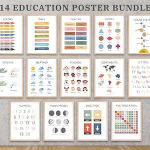 Posters éducatifs | 12 impressions d'école à la maison | Décoration de classe Montessori | Décoration murale neutre pour chambre de bébé et chambre de bébé | Salle de jeux bohème