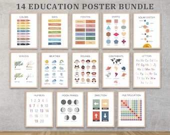 Educational Posters | 12 Homeschool Prints | Montessori Classroom Decor | Toddler Playroom & Neutral Kids Nursery Wall Art | Boho Playroom