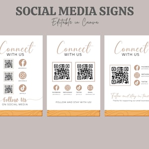 May include: Three social media signs with the text "Connect With Us" and QR codes. Each sign includes social media icons for Facebook, Instagram, and TikTok. The signs also feature the text "Follow Us On Social Media" and "Follow and stay in touch".