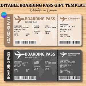 May include: Two boarding pass templates, one in tan and one in dark grey, with the text "BOARDING PASS" and flight details. The passes include passenger name, flight number, date, boarding time, departure, arrival, seat, and gate information.