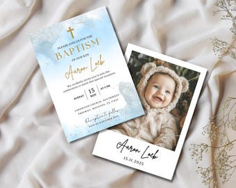 Plantilla de invitación de bautizo azul y dorado con foto, invitación de bautizo en acuarela imprimible, descarga instantánea editable para bautizo de niño
