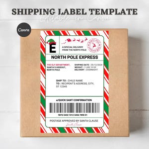 Etiqueta de envío de elfo editable, etiquetas de entrega del Polo Norte, correo de Santa Claus, etiqueta de entrega oficial de Santa Claus, calcomanía del Polo Norte, paquete de llegada de elfo