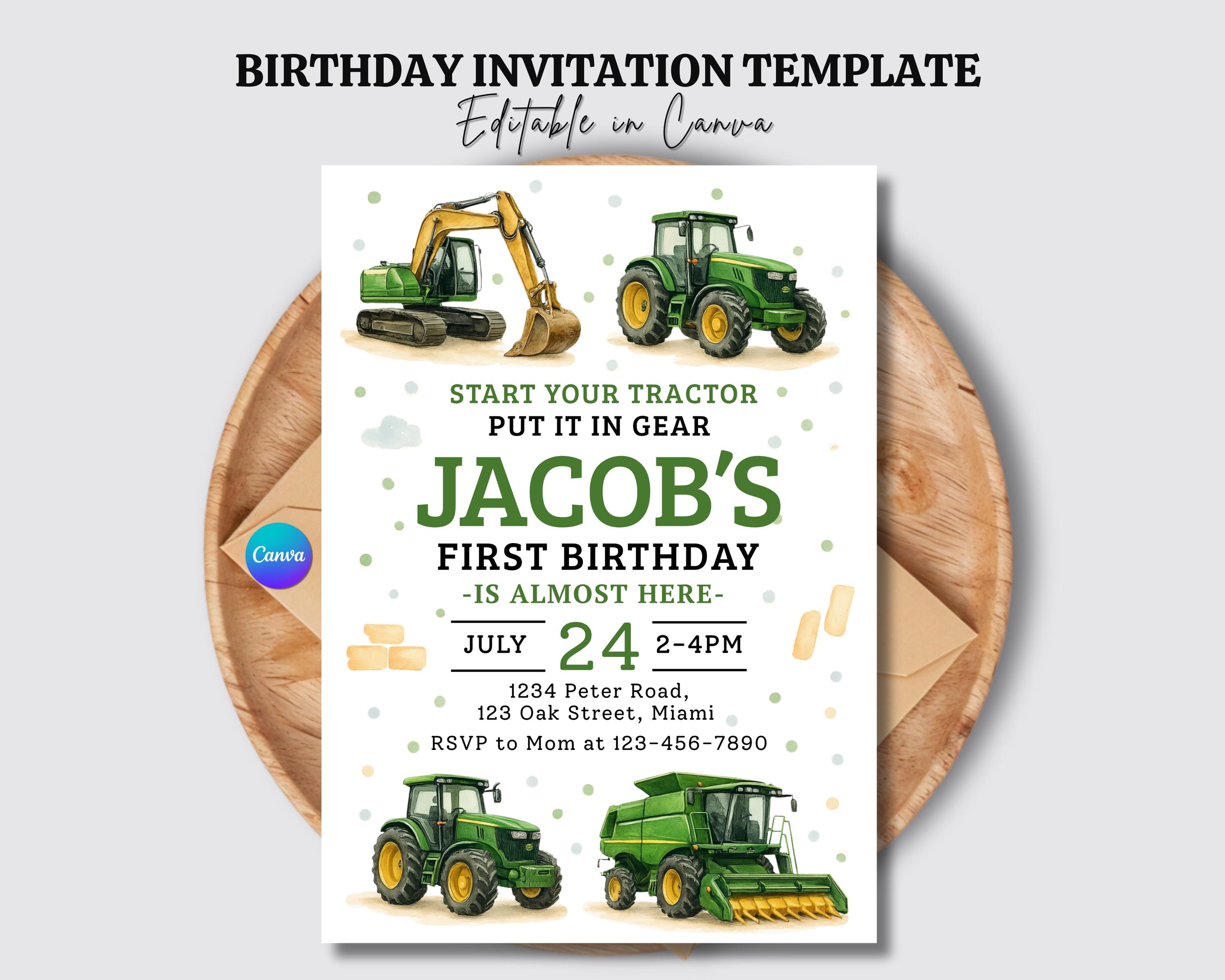 Editable Green Tractor Birthday Invitation & Favor Tag – Farm Theme ...