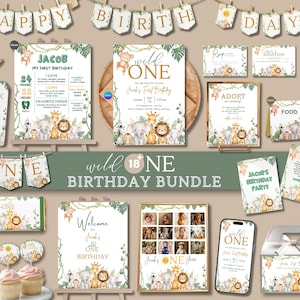 以下が含まれることがあります： 「Wild One」をテーマにした誕生日のパーティー用品のコレクション。招待状、バナー、フードラベルなど。ライオン、キリン、ゾウなどのジャングルの動物をモチーフにしたデザインで、ニュートラルなカラーパレットを使用しています。