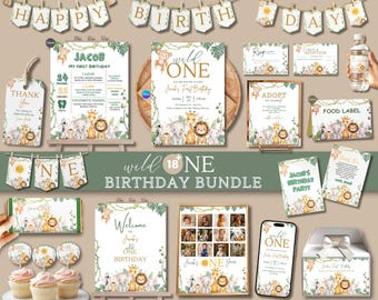 Wild One Birthday Invitation Bundle, Safari 1st Birthday Invite, Jungle Wild One 1st Birthday Decor Template Set