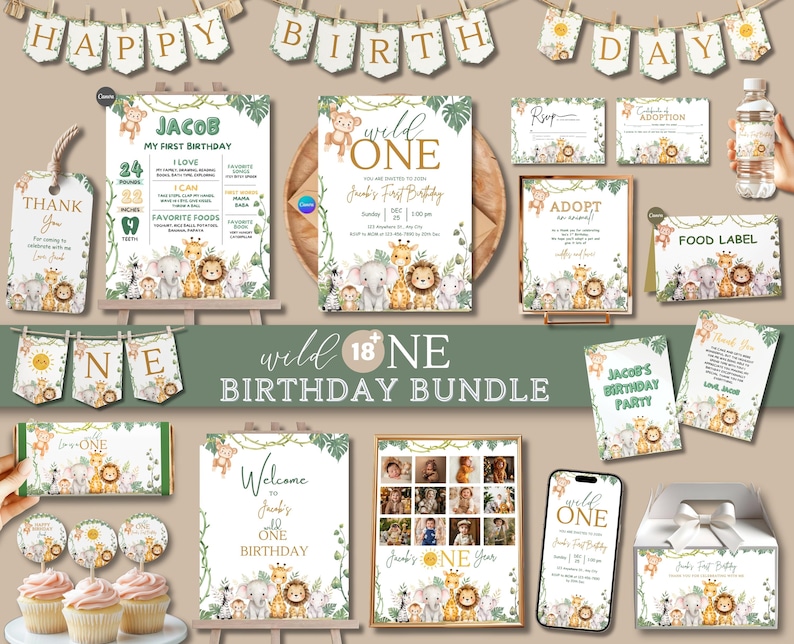 wild one bundle,safari 1st invite,jungle 1st decor,wild one invite,1st bday template,birthday bundle,diy birthday set,wild one decor,safari party kit,jungle invite,baby 1st birthday,editable invite,first birthday set