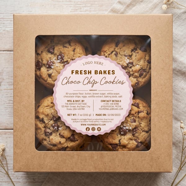 Editable Bakery Cookie Label Template, Printable Packaging Sticker for Small Business, Custom Canva Food Label Download