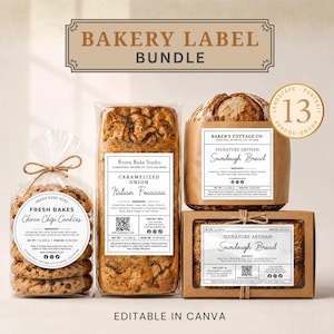 May include: An image featuring a 'Bakery Label Bundle' with various baked goods. It includes cookies, Italian focaccia, and sourdough bread, each with a label. The labels are designed to be edited in Canva, offering a range of options for customisation.