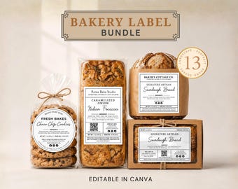Pacchetto di modelli modificabili per etichette da forno casalinghe, set di adesivi per alimenti rustici, etichetta per scatola di pane a lievitazione naturale, confezione per sacchetti di biscotti, ingredienti con codice QR