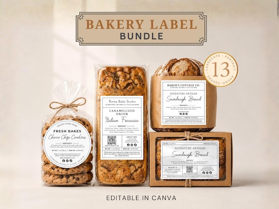 Editable Home Bakery Label Bundle Template, Cottage Food Sticker Set, Sourdough Bread Box Label, Cookie Bag Packaging, QR Code Ingredients