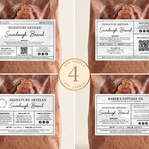 May include: Four brown paper bags containing sourdough bread, each featuring a white rectangular label with black text. The labels display product information, ingredients, contact details, a QR code, and a net weight of 7 oz (200 g).