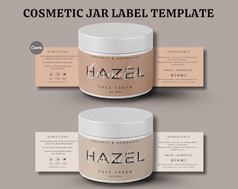 May include: Two white cosmetic jars with tan labels that read "HAZEL FACE CREAM" and "2oz / 60ml". The labels also include ingredient and direction details. The text "COSMETIC JAR LABEL TEMPLATE" is at the top.