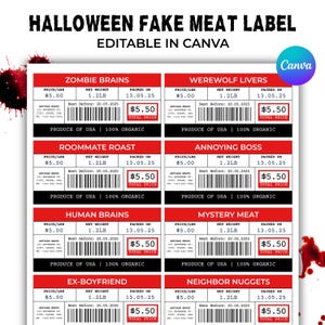 Editable Halloween Meat Labels: Funny Prank Stickers (Print at Home, Instant Download, Canva Template)