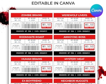 Edytowalne etykiety na mięso na Halloween – zabawne naklejki z imitacją mięsa do psikusów na Halloween | Drukuj w domu | Natychmiastowe pobranie etykiety na rzeźnika