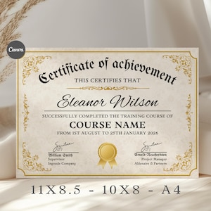 Może przedstawiać: Certyfikat osiągnięć ze zdobionymi złotymi obramowaniami i tekstem. Certyfikat brzmi "Certyfikat osiągnięć" i zawiera imię i nazwisko "Eleanor Wilson" oraz "Nazwa kursu". Wymiary certyfikatu to 27,9 x 21,6 cm, 25,4 x 20,3 cm i A4.