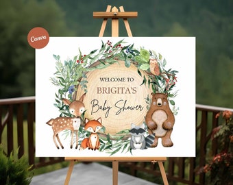 May include: Welcome to Brigita's Baby Shower sign with a woodland theme. A watercolor illustration of a tree stump with a leafy wreath, a deer, a fox, a raccoon, and a bear.
