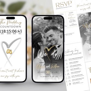 May include: Wedding invitation suite featuring a countdown timer, a photo of a couple, and event details. The design includes gold accents and elegant typography. The suite includes RSVP and timeline information.