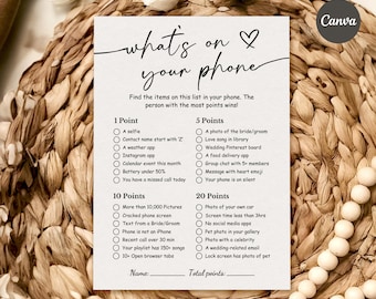 What’s On Your Phone Bridal Shower Game | Printable Shower Activity | Editable Template | Minimalist Engagement Party Game |Boho Bridal Game