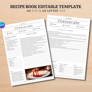 Recipe Book template, EDITABLE Recipe Sheet Template, Recipe Cards, Minimal Recipe Binder, 8.5x11 Printable Farmhouse, Food Planner Journal