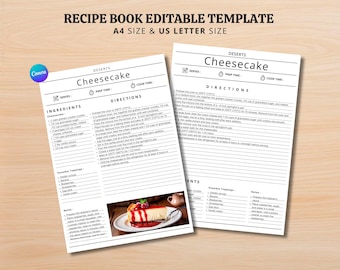 Plantilla de libro de recetas, plantilla de hoja de recetas editable, tarjetas de recetas, carpeta de recetas minimalista, estilo rústico imprimible de 8.5x11, diario planificador de alimentos