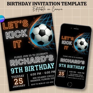 Editable Soccer Birthday Invitation Card Template | Football & Soccer Invitation | Editable Canva Soccer Invitation Card