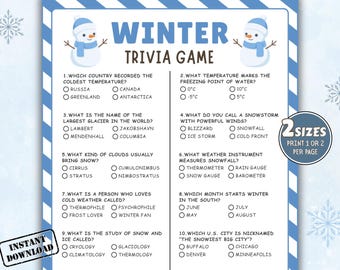 May include: A blue and white printable winter trivia game with snowman illustrations. The game includes questions about cold weather, snow, and winter sports. The text "Instant Download" is visible.